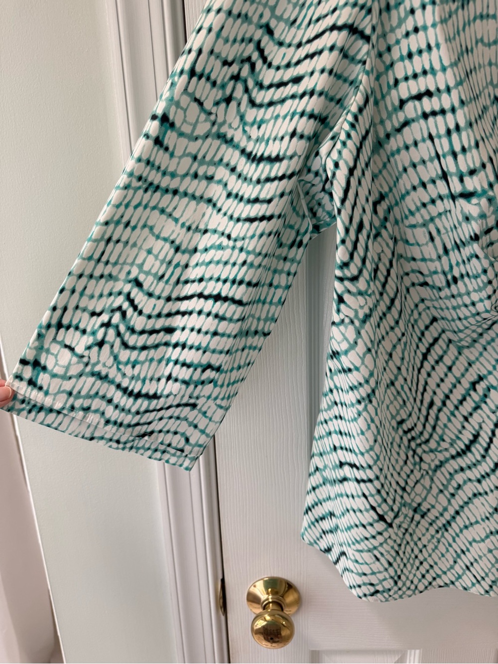 Lafayette 148 New York Green, Black and White Wave-Print Button-Down Shirt - Picture 6 of 10